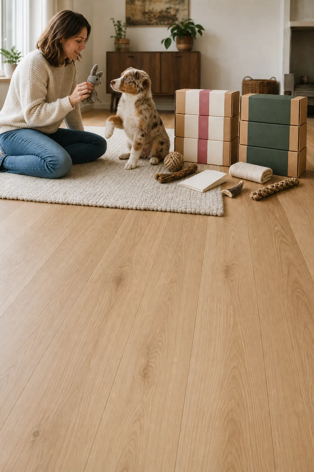 Frau spielt mit Welpe neben sechs PuppyPrep-Boxen in zwei Designs