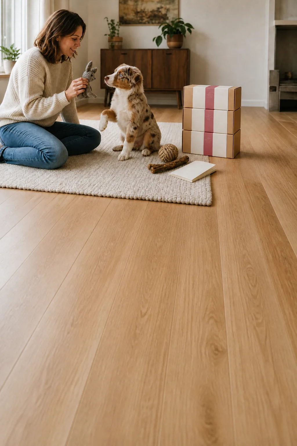 Frau spielt mit Welpe neben drei PuppyPrep-Boxen der Einzugs-Serie