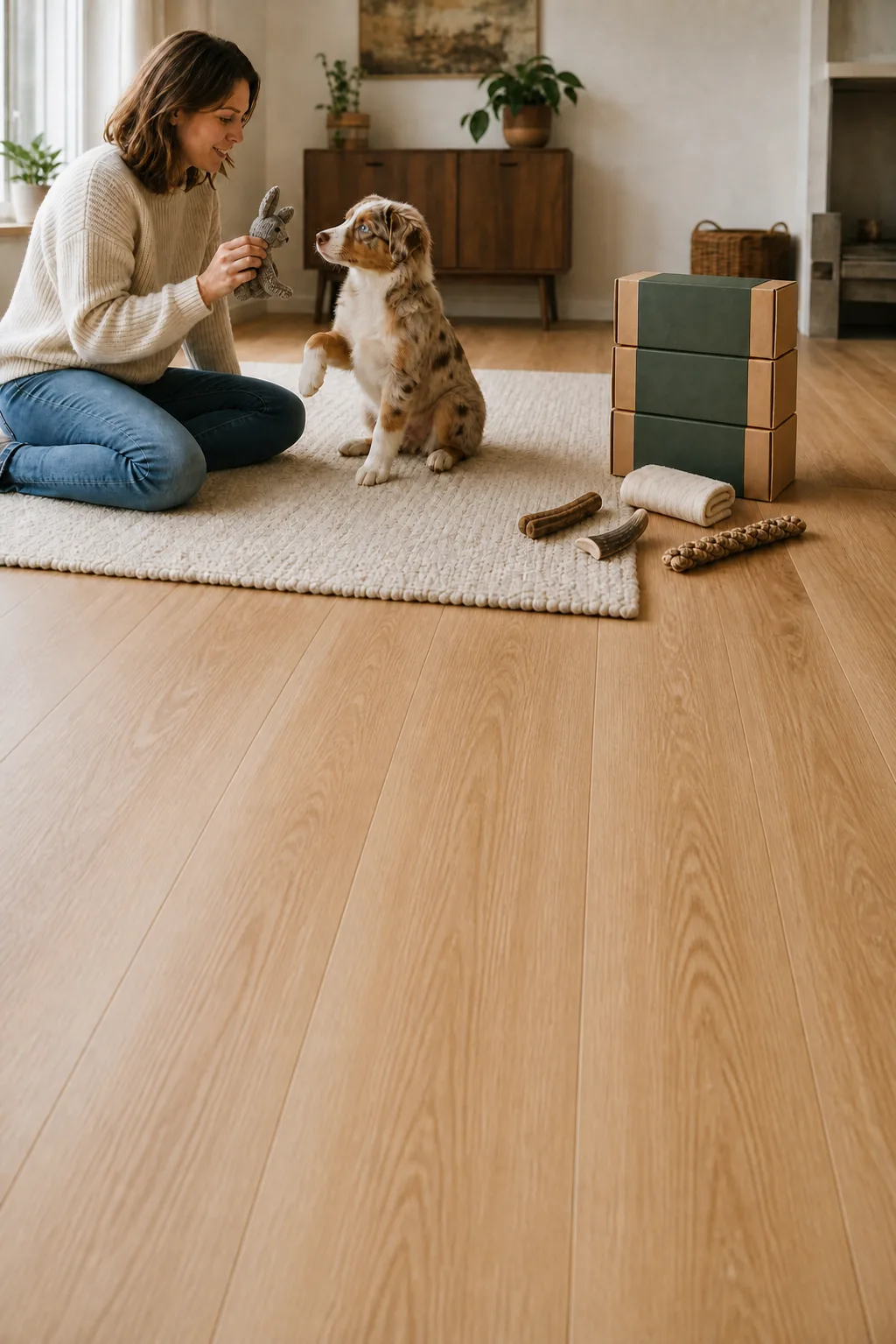 Frau spielt mit Welpe neben drei PuppyPrep-Boxen der Pubertäts-Serie
